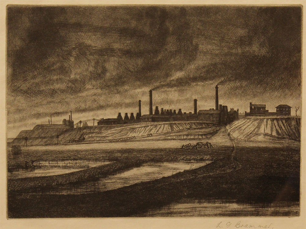 Black and white drawing of a landscape showing multiple factories.