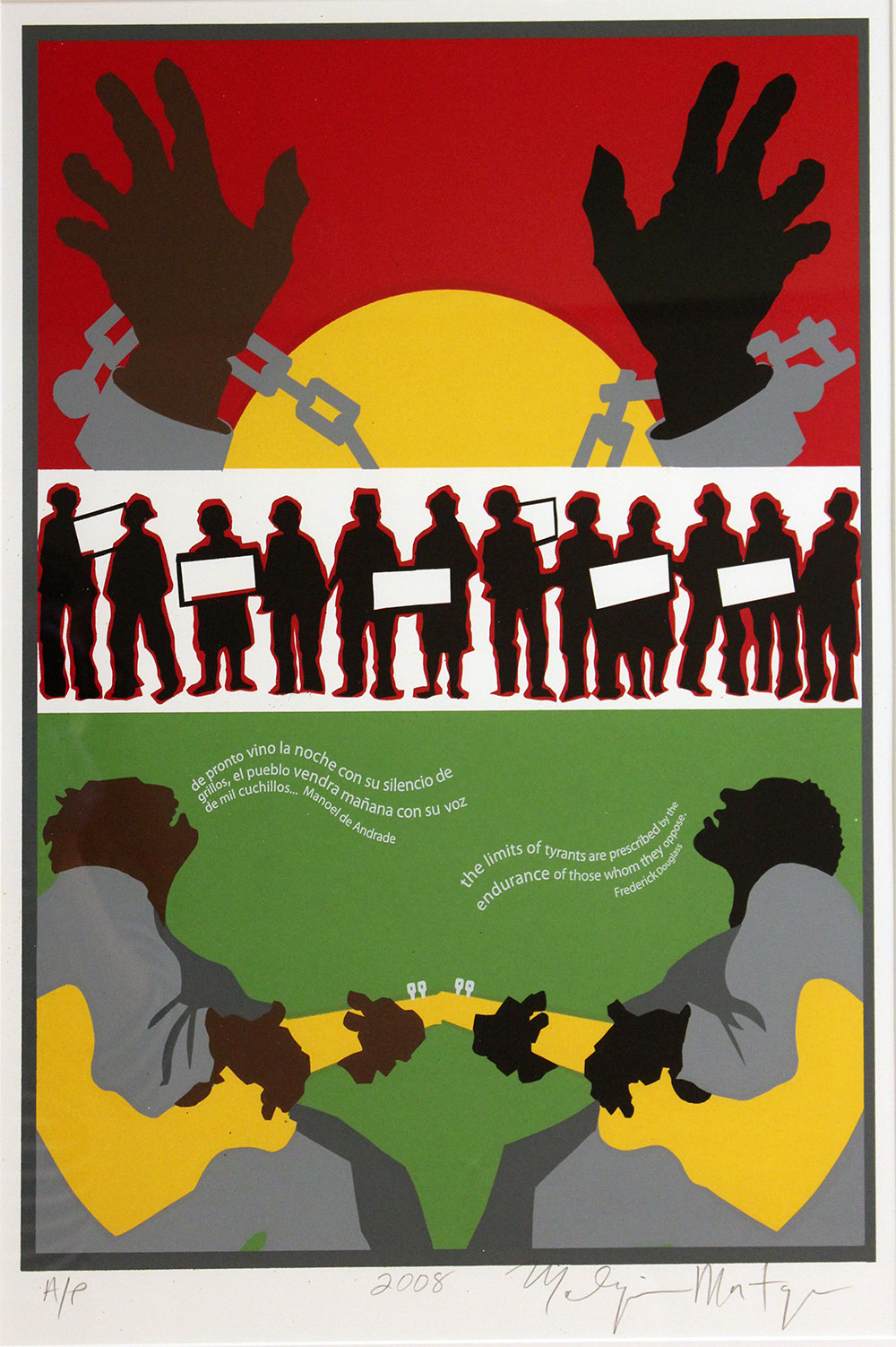 Artwork featuring hands chained at the wrist, a crowd of people holding signs in protest and two figures playing guitar