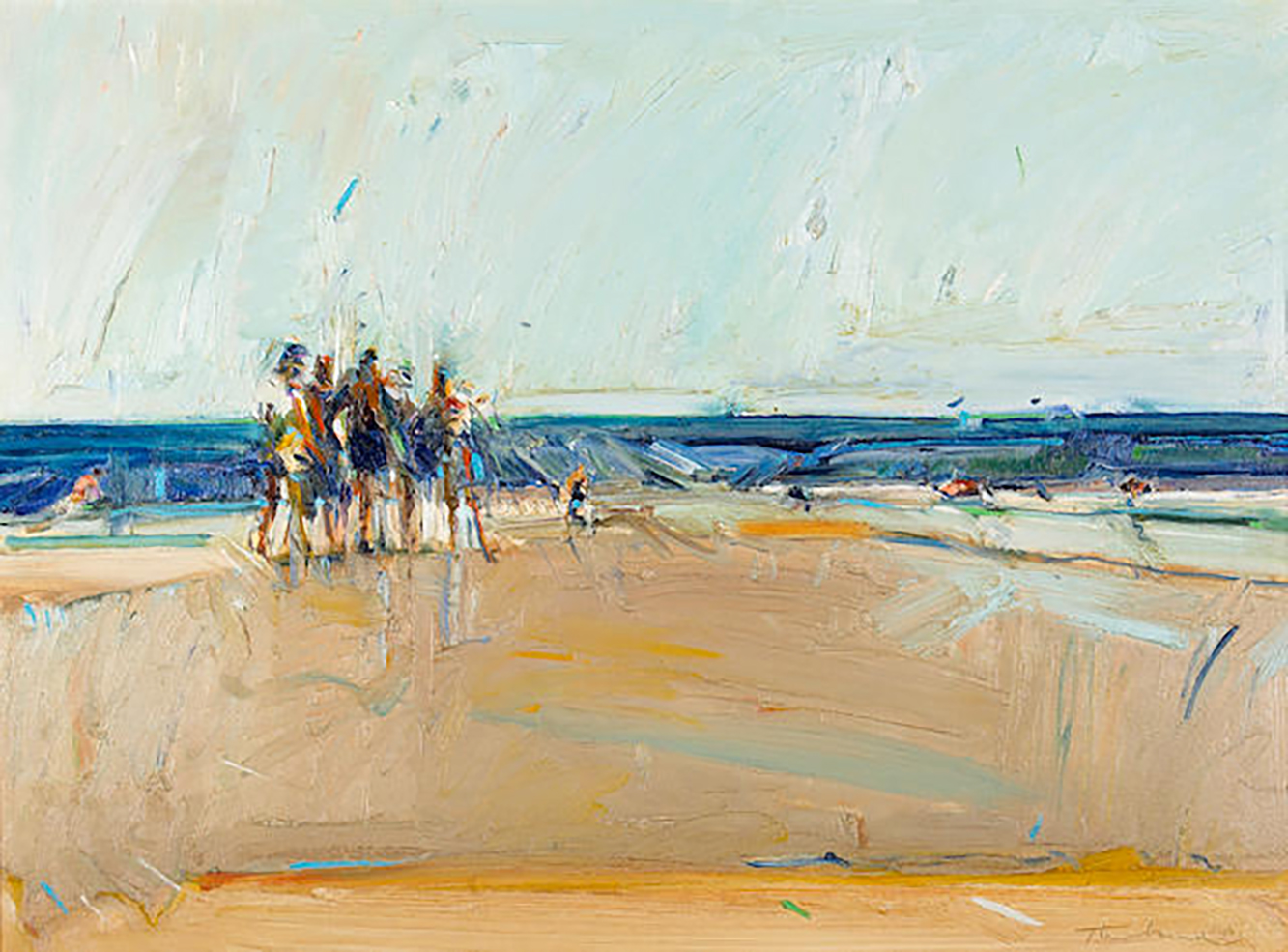 Abstract painting of people on a beach.